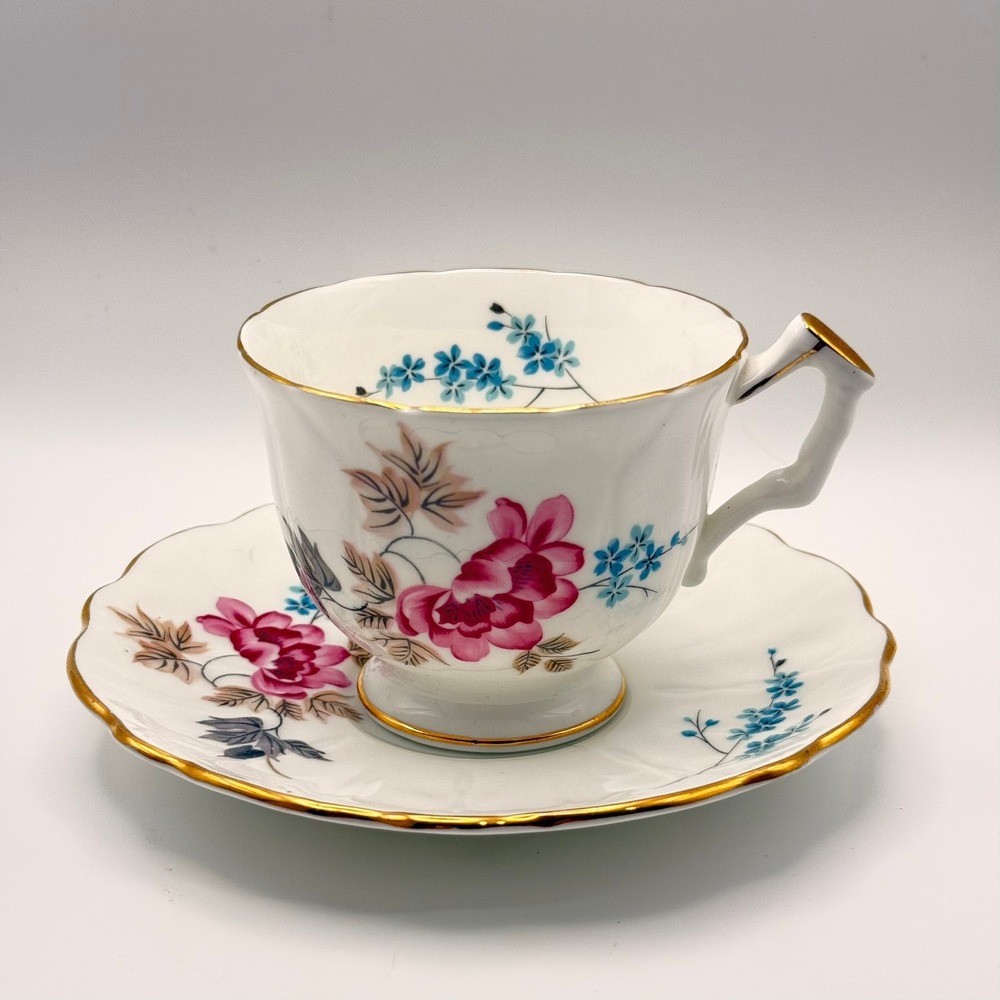 Aynsley England Bone China Teacup Saucer Set Pink Peony Blue Floral Gold Trim 31